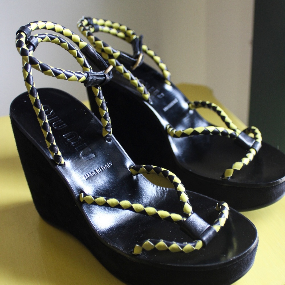 Miu Miu Wedge Heel Black + Yellow Leather Shoes